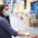 Woman with face mask, shopping for groceries in a supermarket during COVID-19 pandemic