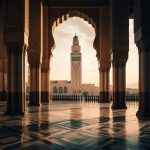 Spiritual minaret illuminates ancient Arabian city skyline at dusk generated by AI