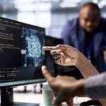 Close up of data center worker pointing finger to AI tech on PC screen