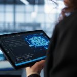 Data center technician using artificial intelligence on tablet, close up