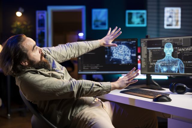 AI robot gaining humanoid form, scaring afraid engineer